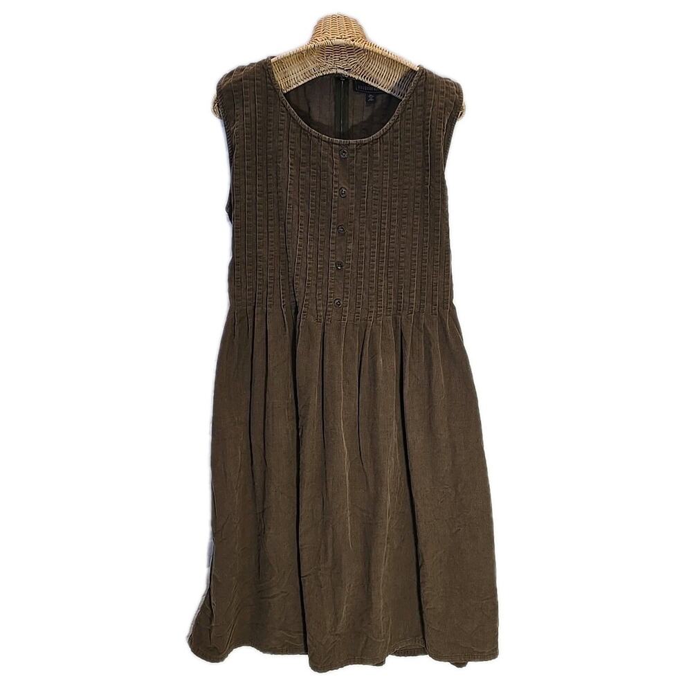 British Khaki Brown Corduroy Overall Jumper Dress 14P Pinafore Pintuck 90s Vtg